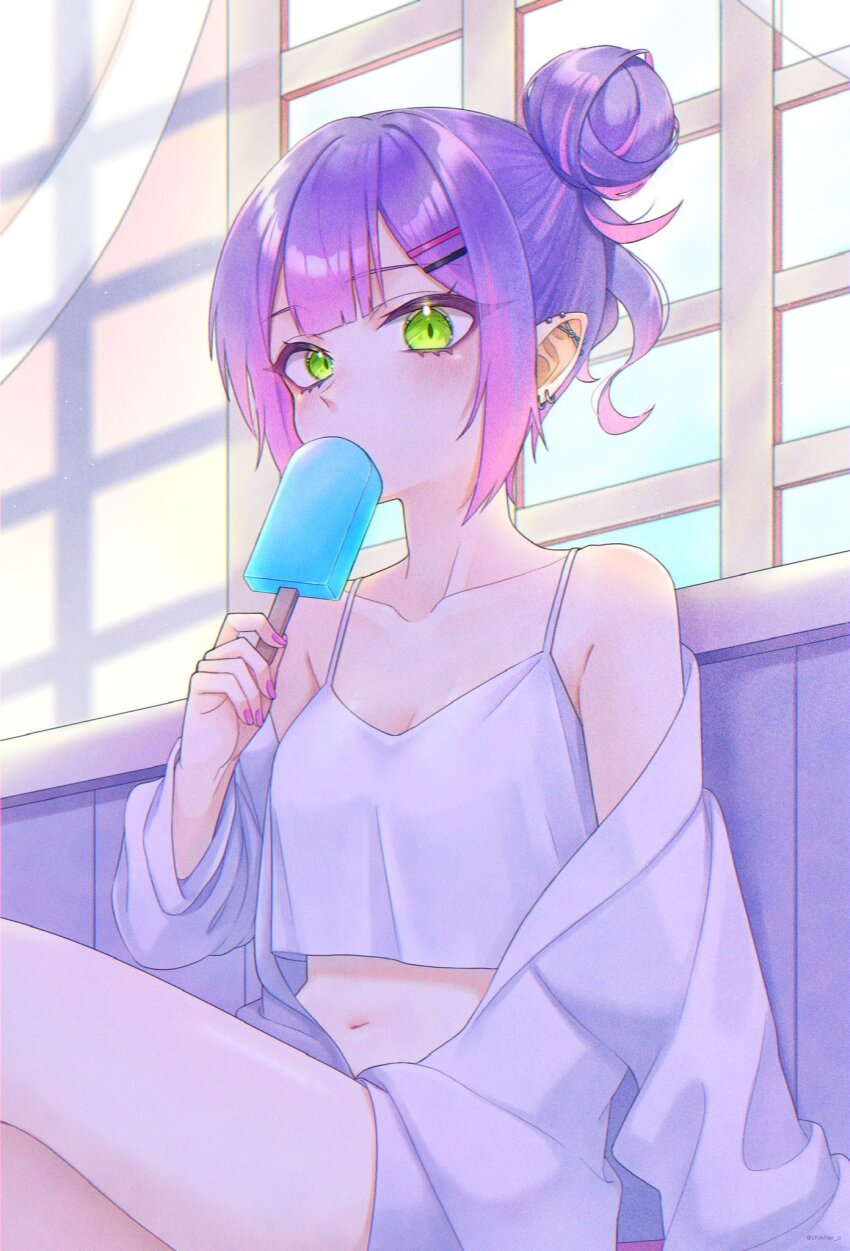 1girl blush breasts camisole chikher_o cleavage collar collarbone curtains earrings food food_in_mouth green_eyes hair_behind_ear hair_bun hair_ornament hairclip highres holding holding_food holding_popsicle hololive jewelry looking_at_viewer midriff multicolored_hair navel off_shoulder pink_hair pointy_ears popsicle popsicle_in_mouth purple_hair shirt shorts single_hair_bun small_breasts solo streaked_hair tokoyami_towa virtual_youtuber white_camisole white_shirt white_shorts window