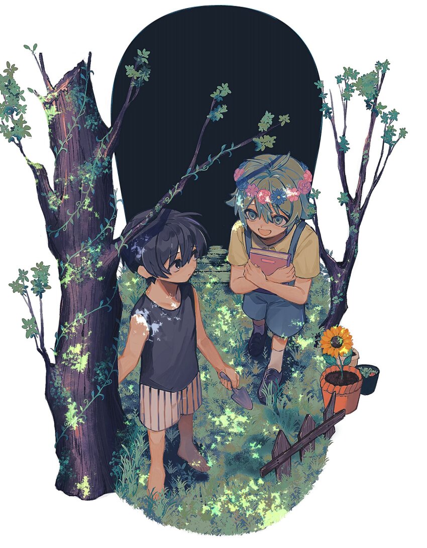 2boys :d barefoot basil_(omori) black_camisole black_eyes blue_flower book camisole child closed_mouth fence flower flower_pot grass green_eyes head_wreath highres holding holding_book kel_(omori) labo_9696 loafers looking_at_another male_focus multiple_boys omori open_mouth overalls pink_flower shoes short_hair short_sleeves shorts smile socks standing striped_clothes striped_shorts sunflower tree trowel white_background white_socks wooden_fence yellow_shorts