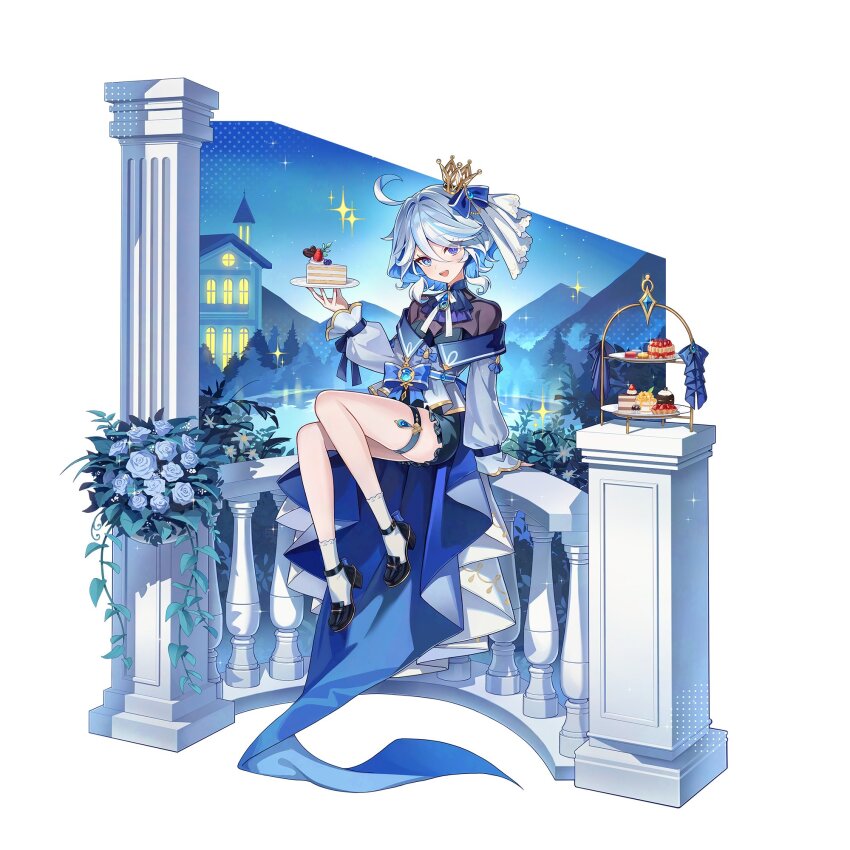 1girl :d ahoge ascot black_shoes blue_ascot blue_bow blue_eyes blue_gemstone blue_hair blue_pupils bow cake cake_slice crown food furina_(genshin_impact) gem genshin_impact hair_between_eyes hand_up high_heels highres holding holding_plate hydro_symbol_(genshin_impact) long_sleeves medium_hair mini_crown multicolored_hair open_mouth pine_(angel4195202) plate shoes smile solo streaked_hair thigh_strap tiered_tray vision_(genshin_impact) white_hair