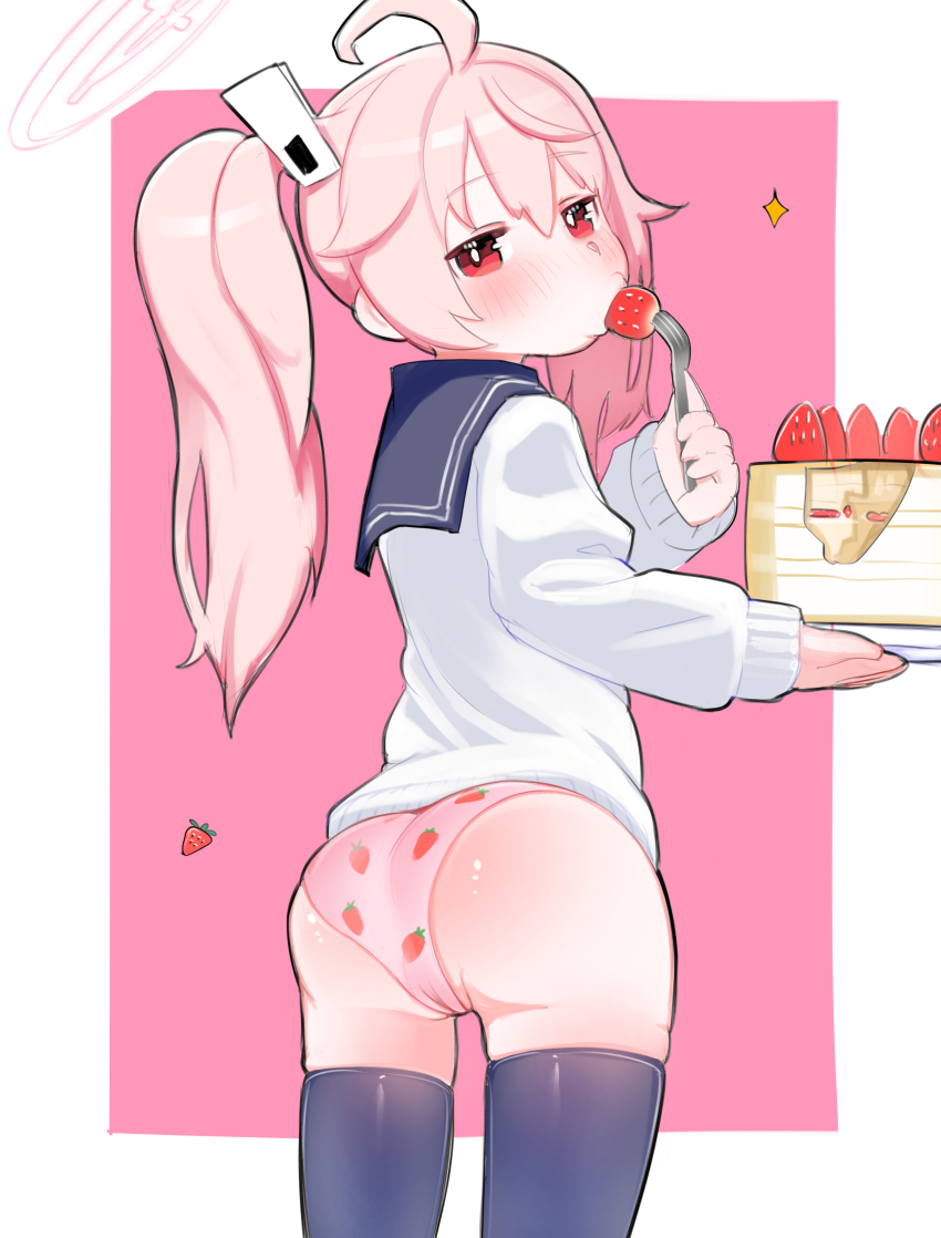 1girl absurdres ahoge ass black_thighhighs blue_archive blush cake eating food food_print fork from_behind fruit hair_between_eyes halo highres holding holding_fork long_hair long_sleeves looking_at_viewer natsu_(blue_archive) panties pink_hair pink_panties print_panties red_eyes side_ponytail solo strawberry strawberry_print thighhighs uminotacos underwear