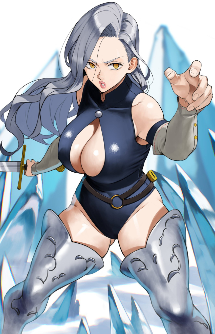 1girl armored_boots bare_shoulders belt blue_hair blue_leotard blurry boots breasts cleavage depth_of_field detached_sleeves gluteal_fold highres jericho_(nanatsu_no_taizai) large_breasts leotard light_blue_hair lips long_hair mokushiroku_no_yonkishi nanatsu_no_taizai parted_lips scabbard sheath simple_background skin_tight solo stray_hair sword thigh_boots weapon yellow_eyes yoshio_(55level)