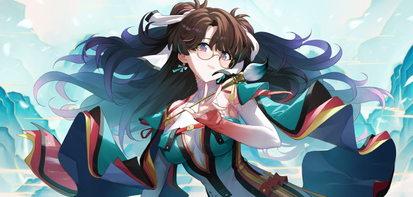 1girl absurdres aqua_dress aqua_sleeves bow breasts brown_hair commentary detached_sleeves dress earrings elbow_sleeve erdongjinming glasses hair_bow highres holding holding_paintbrush jewelry large_breasts long_hair looking_at_viewer multicolored_hair multiple_hair_bows paintbrush pink_eyes round_eyewear semi-rimless_eyewear solo streaked_hair upper_body very_long_hair white_bow wuthering_waves yellow-framed_eyewear zhezhi_(wuthering_waves)