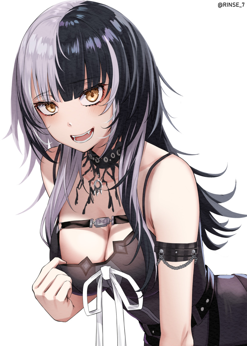 1girl armband black_dress black_hair breasts chest_belt choker cleavage commentary dress english_commentary grey_hair highres hololive hololive_english lace lace_choker large_breasts long_hair looking_at_viewer multicolored_hair open_mouth rinse_7 shiori_novella shiori_novella_(1st_costume) simple_background solo split-color_hair teeth twitter_username virtual_youtuber white_background yellow_eyes