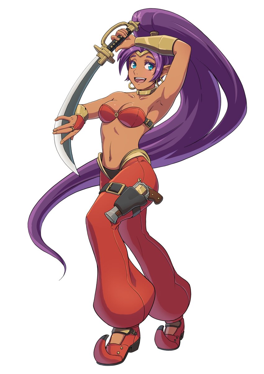 1girl arm_up armpits blue_eyes dark-skinned_female dark_skin fingerless_gloves gloves gun highres jewelry legs long_hair midriff navel open_mouth pants ponytail purple_hair shantae shantae_(series) smile strapless sword thighs tongue tube_top weapon