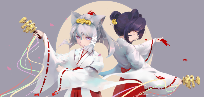 #yuki# 2girls absurdres animal_ears bad_id bad_pixiv_id black_hair cat_ears flower grey_background hair_flower hair_ornament hair_ribbon hakama hakama_skirt highres japanese_clothes kimono konohana_kitan long_hair looking_away looking_down miko multiple_girls petals purple_eyes ribbon satsuki_(konohana_kitan) simple_background skirt white_hair yuzu_(konohana_kitan)