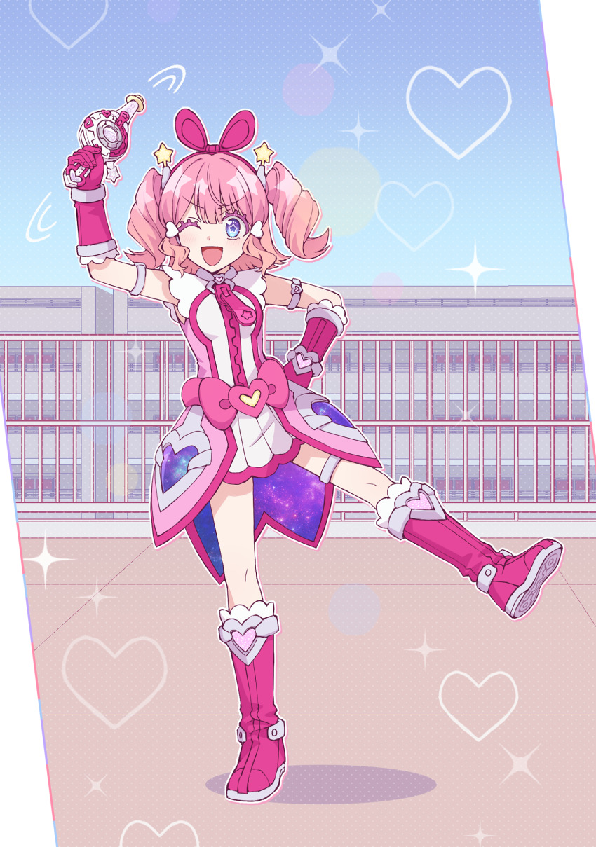 1girl ;d absurdres arm_up blue_eyes blue_sky boots building commentary_request day dress elbow_gloves gloves hair_ornament hand_on_own_hip heart heart_hair_ornament highres holding knee_boots magical_girl motion_lines one_eye_closed open_mouth original outdoors pink_dress pink_footwear pink_gloves pink_hair railing rooftop shoe_soles sky sleeveless sleeveless_dress smile solo somechime_(sometime1209) standing standing_on_one_leg star_(symbol) twintails v-shaped_eyebrows white_dress zipper zipper_pull_tab