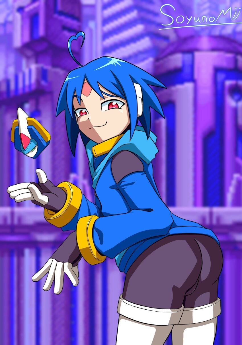 1boy ass bent_over blue_hair bodysuit capcom male_focus mega_man_(series) mega_man_zx_advent soyunomii thetis_(mega_man)