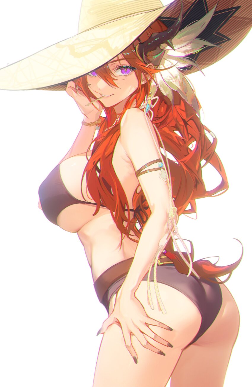 1girl absurdres arknights ass bikini black_bikini black_nails drive_shot hat highres long_hair nail_polish red_hair simple_background smile solo sun_hat swimsuit white_background