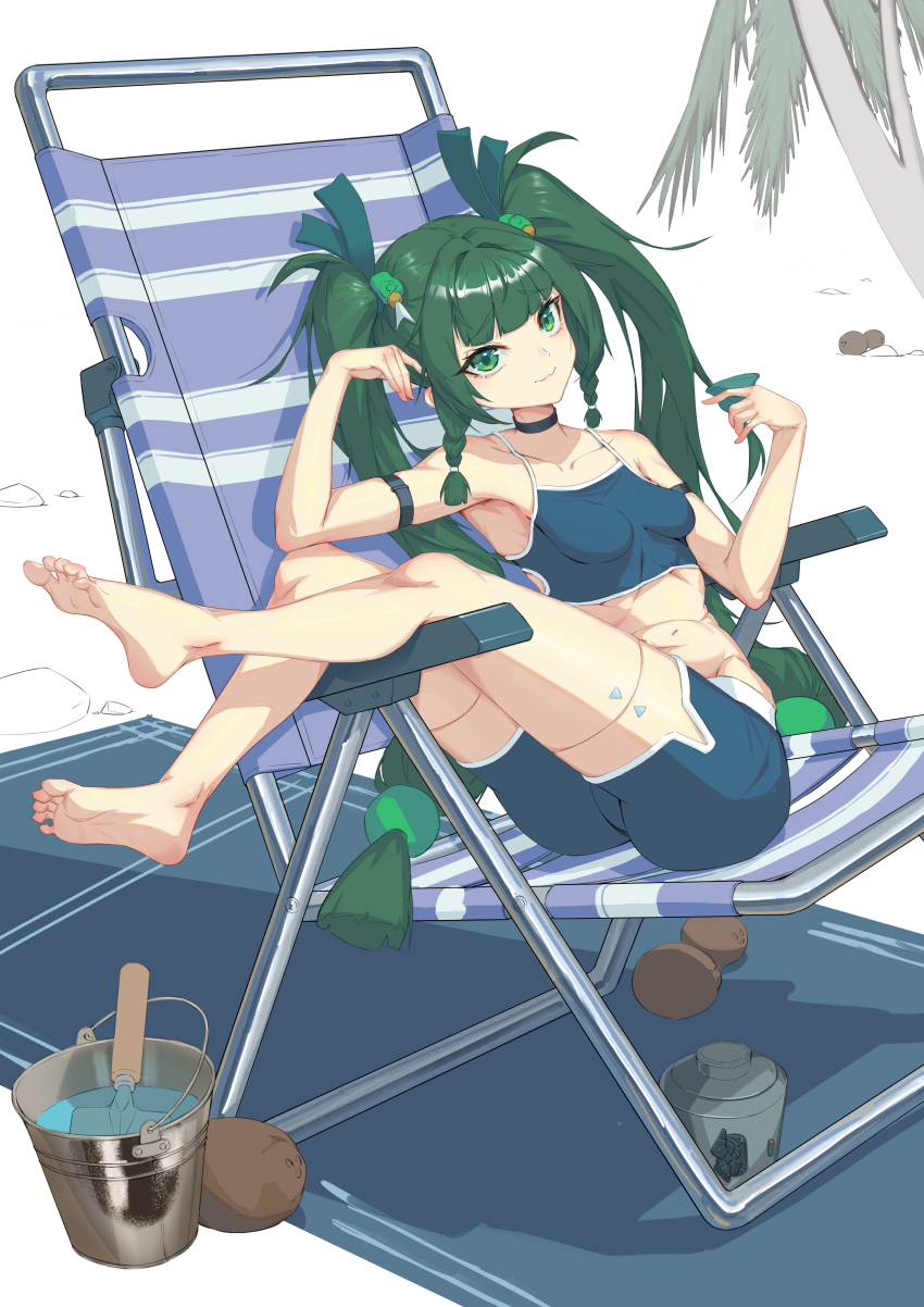 1girl absurdres barefoot bucket chair coconut feet green_eyes green_hair highres long_hair looking_at_viewer lounge_chair palm_tree qingyi_(zenless_zone_zero) soles toes tree twintails vvei zenless_zone_zero