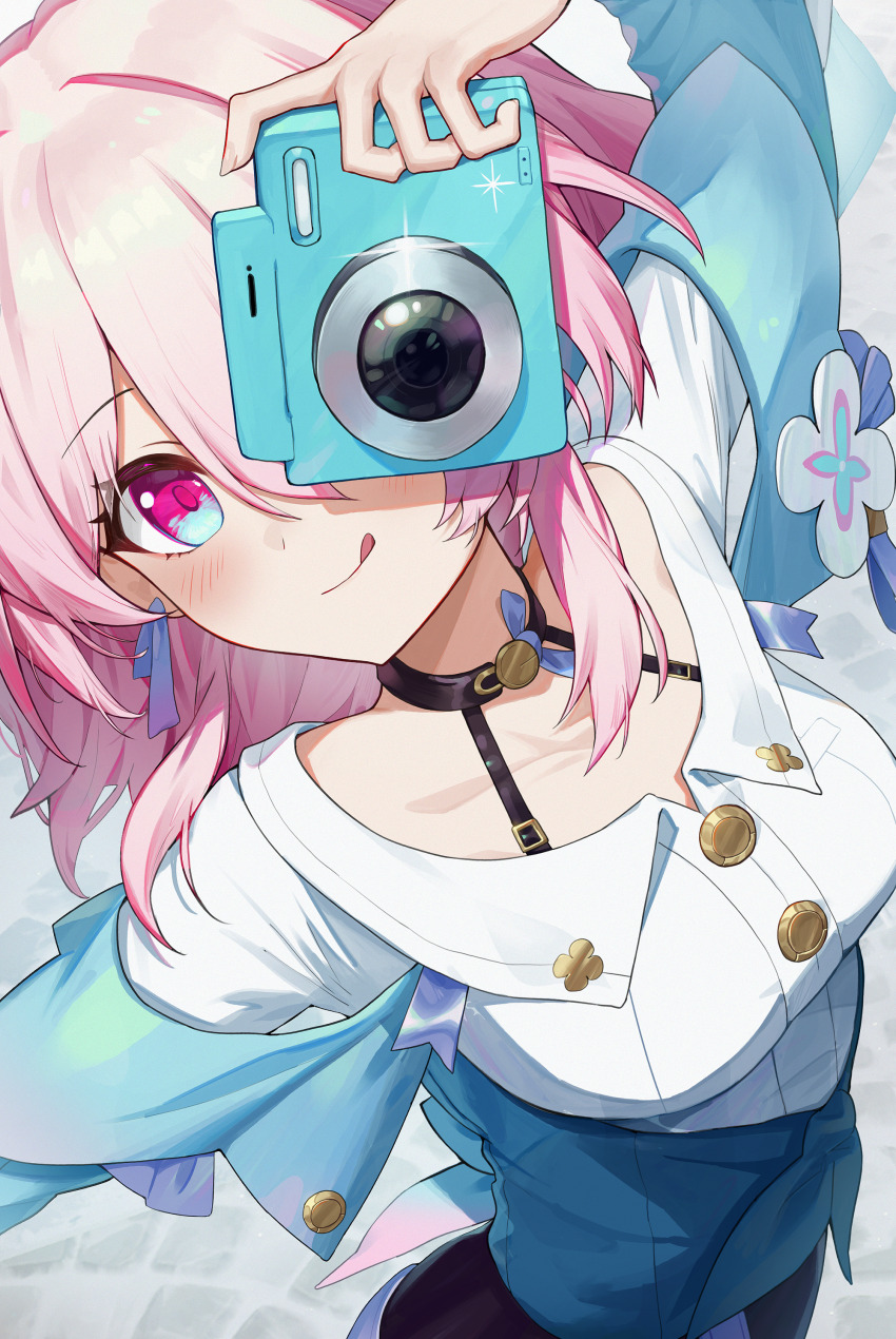 1girl :p absurdres black_choker black_corset blue_jacket breasts camera choker corset earrings flower_ornament gradient_eyes highres holding holding_camera honkai:_star_rail honkai_(series) jacket jewelry march_7th_(honkai:_star_rail) march_7th_(preservation)_(honkai:_star_rail) medium_breasts multicolored_eyes one_eye_covered pellas_(panix2383) pink_hair short_hair simple_background single_earring solo sublime tied_jacket tongue tongue_out two-tone_eyes underbust