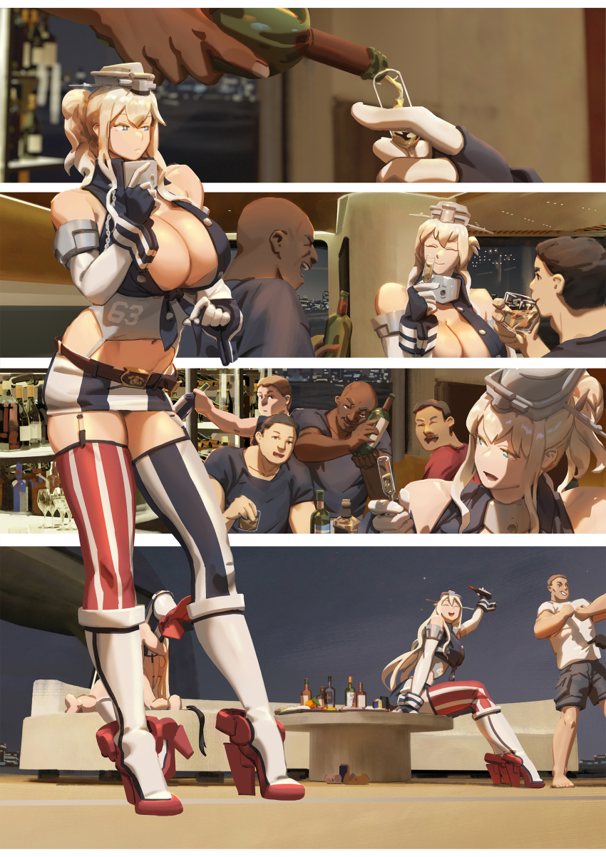 2girls 4boys absurdres alcohol blonde_hair blue_eyes blue_shirt breasts champagne champagne_bottle champagne_flute cleavage couch cup dark-skinned_male dark_skin drinking_glass elbow_gloves fingerless_gloves gloves headgear highres holding holding_cup iowa_(kancolle) kantai_collection large_breasts long_hair multiple_boys multiple_girls night open_mouth original shirt star-shaped_pupils star_(symbol) symbol-shaped_pupils table thighhighs uss_missouri_(bb-63)_(personification) ye_fan