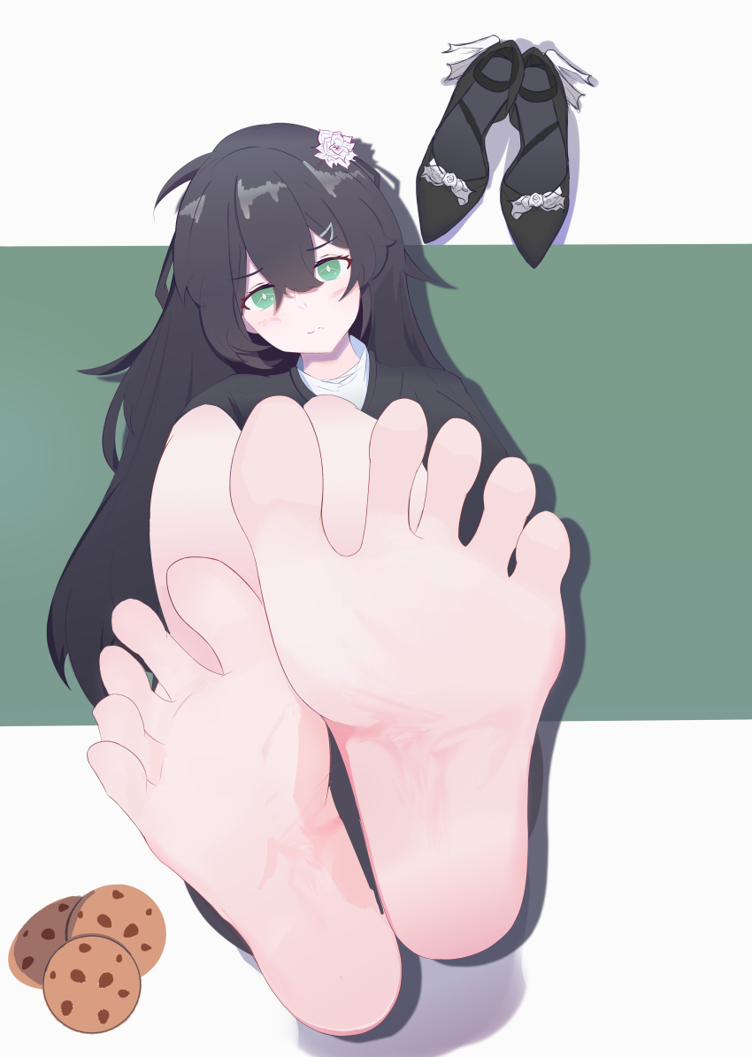 1girl absurdres barefoot black_hair cookie darksnow feet food green_eyes highres light_blush long_hair looking_at_viewer original shoes soles toes unworn_shoes