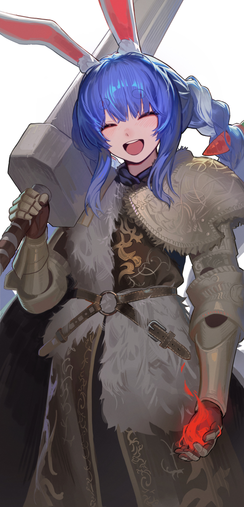 1girl :d animal_ears armor blue_hair blush braid cosplay cowboy_shot dethmaid elden_ring greatsword highres holding holding_sword holding_weapon hololive long_hair multicolored_hair open_mouth over_shoulder rabbit_ears rabbit_girl short_eyebrows shoulder_armor sidelocks simple_background smile solo sword sword_over_shoulder tarnished_(elden_ring) tarnished_(elden_ring)_(cosplay) teeth thick_eyebrows twin_braids two-tone_hair upper_teeth_only usada_pekora virtual_youtuber weapon weapon_over_shoulder white_background white_hair