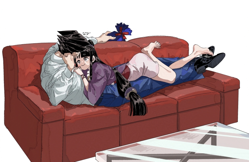 1boy 1girl ace_attorney barefoot black_eyes black_footwear black_hair blue_pants blunt_bangs closed_mouth couch faceless faceless_male feet formal_clothes gift hair_ornament highres holding jacket japanese_clothes jewelry kimono legs long_hair long_sleeves looking_at_another lying lying_on_person magatama maya_fey necklace omen_hohoho on_back on_couch on_stomach pants parted_bangs phoenix_wright pillow purple_jacket sash shirt shoes short_hair short_kimono sidelocks sitting smile solo suit toes white_kimono white_shirt