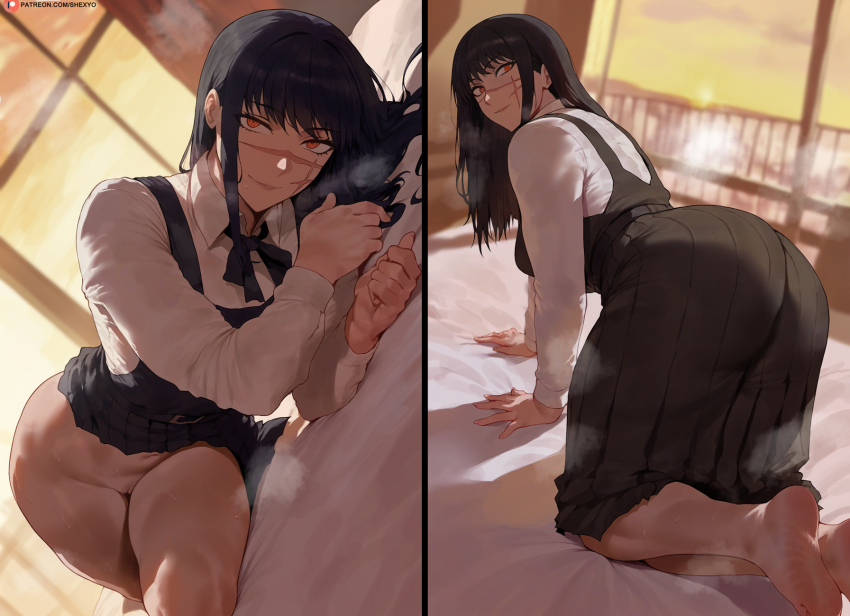 1girl all_fours barefoot bed bed_sheet black_hair black_skirt blue_eyes bottomless chainsaw_man cleft_of_venus closed_mouth cloud commentary evening from_behind highres indoors kneeling long_sleeves looking_at_viewer lying medium_hair multiple_views navel on_bed on_side patreon_logo patreon_username pussy red_eyes scar scar_on_face scar_on_nose shexyo shirt skirt sky smile soles thighs white_shirt window yellow_sky yoru_(chainsaw_man)