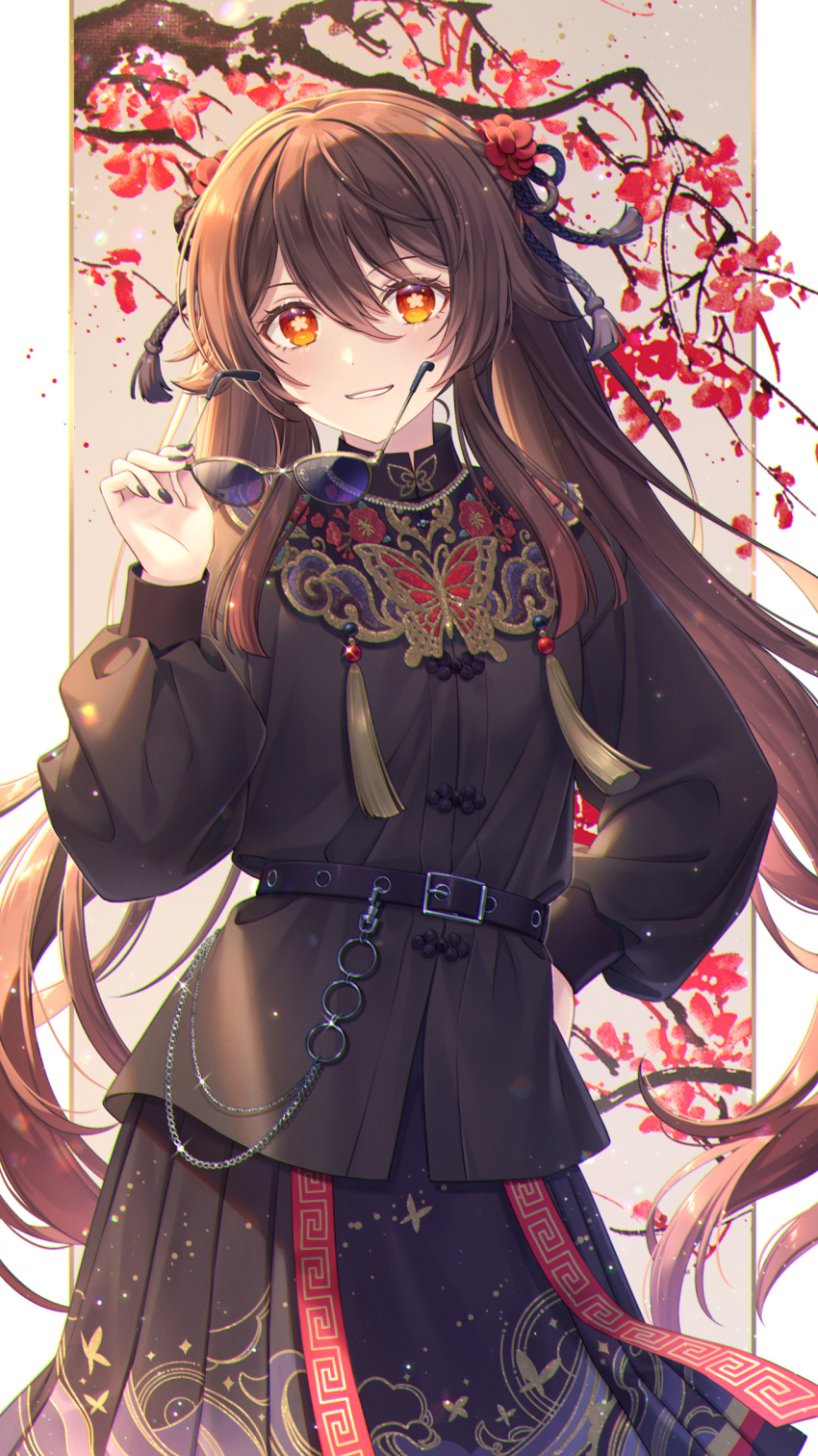 1girl absurdres belt brown_hair bshi_edayo buckle chinese_clothes cowboy_shot unworn_eyewear flower-shaped_pupils genshin_impact glasses hair_between_eyes hand_on_own_hip hand_up highres holding holding_removed_eyewear hu_tao_(genshin_impact) long_hair looking_at_viewer orange_eyes parted_lips puffy_sleeves shirt skirt smile solo symbol-shaped_pupils