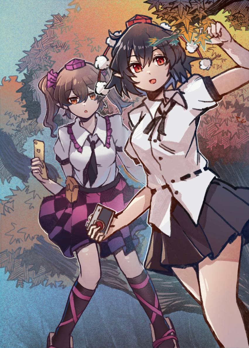 2girls black_hair brown_hair highres himekaidou_hatate holding holding_phone multiple_girls outdoors phone plaid_clothes plaid_skirt purple_skirt shameimaru_aya shirt shishui_guima skirt smile touhou twintails white_shirt