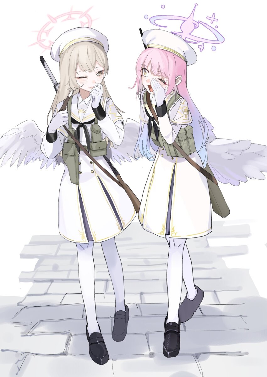 2girls angel_wings black_footwear black_neckerchief blue_archive blush cosplay dress feathered_wings full_body gloves halo hat highres light_brown_hair long_hair long_sleeves mika_(blue_archive) multiple_girls nagisa_(blue_archive) neckerchief one_eye_closed open_mouth pantyhose pink_hair pink_halo sailor_collar sailor_dress shoes smile tea_party_militant_(blue_archive) tea_party_militant_(blue_archive)_(cosplay) umiwashi white_dress white_gloves white_hat white_pantyhose white_sailor_collar white_wings wings yellow_eyes