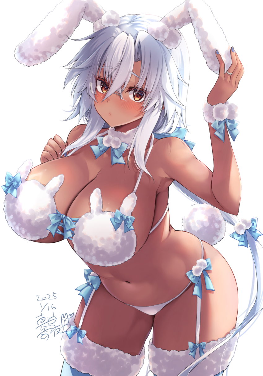 1girl alternate_costume animal_ears blue_nails bra breasts brown_eyes dark-skinned_female dark_skin detached_collar fake_animal_ears fake_tail fur-trimmed_thighhighs fur_collar fur_trim fur_wrist_cuffs garter_straps glasses grey-framed_eyewear hair_between_eyes highres huge_breasts jewelry kantai_collection long_hair mashiro_yukiya musashi_(kancolle) musashi_kai_ni_(kancolle) navel panties rabbit_ears rabbit_tail rectangular_eyewear ring semi-rimless_eyewear solo tail thighhighs twintails underwear underwear_only very_long_hair wedding_ring white_bra white_garter_straps white_panties wrist_cuffs