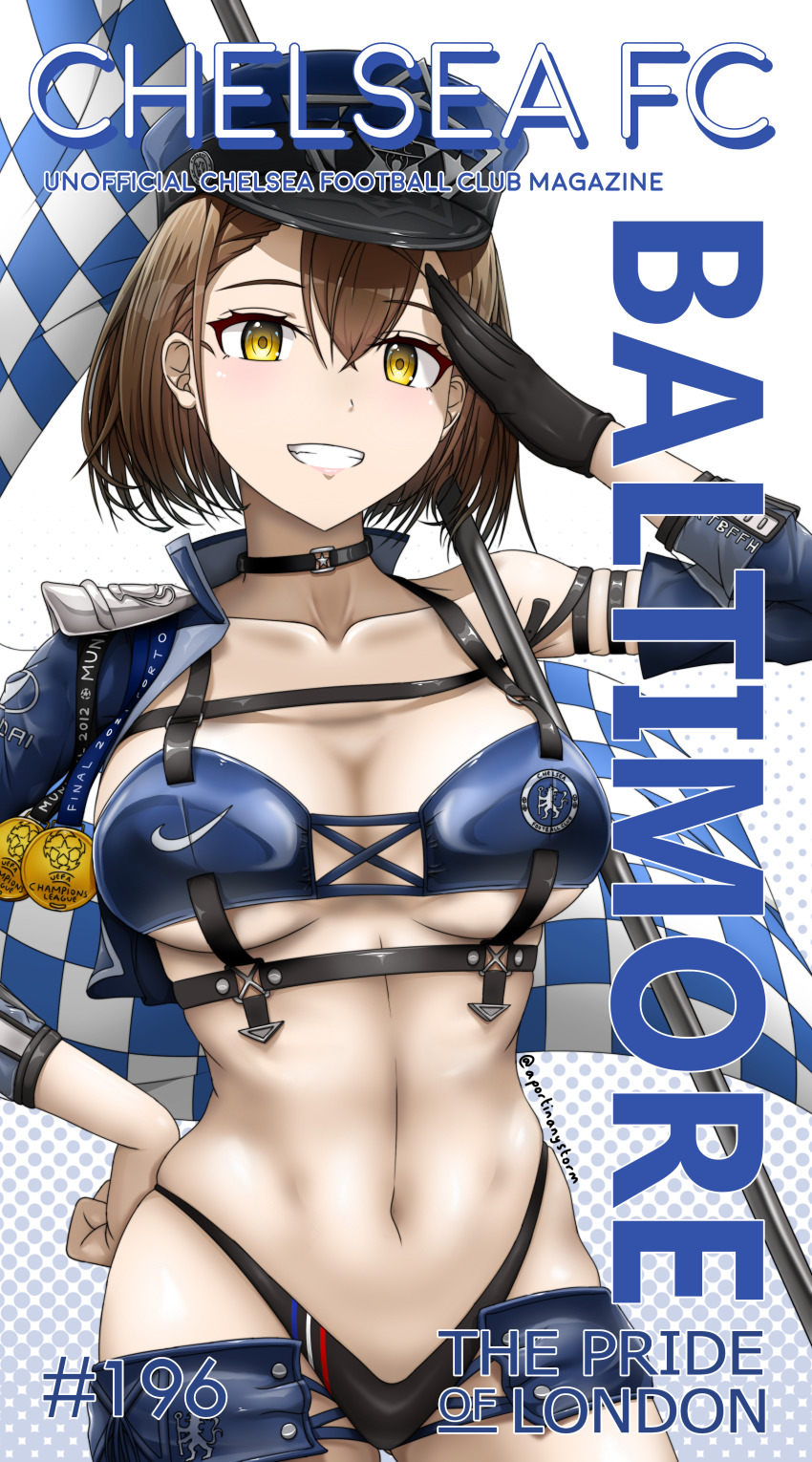 1girl a_port_in_any_storm absurdres adapted_costume annotated arm_up azur_lane baltimore_(azur_lane) baltimore_(finish_line_flagbearer)_(azur_lane) bikini black_bikini black_choker black_gloves blue_bikini blue_hat blue_jacket blue_shorts blue_sleeves breasts brown_hair chelsea_fc chest_harness choker cleavage collarbone commentary commentary_request cover cowboy_shot cropped_jacket detached_sleeves fake_magazine_cover flag gloves grin hair_between_eyes halftone halftone_background harness hat highleg highleg_bikini highres jacket large_breasts looking_at_viewer magazine_cover medal micro_shorts mismatched_bikini navel nike_(company) official_alternate_costume pole race_queen revision salute short_hair shorts sidelocks single_bare_shoulder single_detached_sleeve single_glove skindentation smile solo standing stomach swimsuit teeth twitter_username uefa_champions_league underboob underbust white_background yellow_eyes