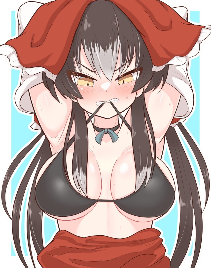 1girl annoyed armpits arms_up bikini bikini_top_only black_bikini black_choker blush bow bow_choker breasts brown_hair choker cookie_(touhou) detached_sleeves grey_hair hair_bow hair_tubes hakurei_reimu highres large_breasts long_hair looking_down mouth_hold multicolored_hair red_bow rnt_(251139) solo sweat swimsuit teeth_hold touhou two-tone_hair upper_body v-shaped_eyebrows yellow_eyes yuyusu_(cookie)