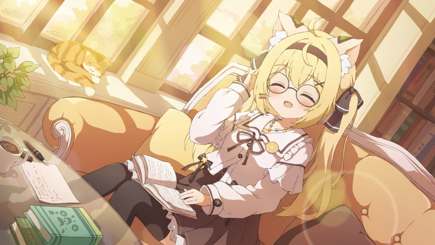 1girl ahoge animal animal_ear_fluff animal_ears black_thighhighs blonde_hair blush book book_on_lap bow brown_hairband brown_ribbon cat closed_eyes coffee coffee_mug commission couch cup day dress dutch_angle fang frills glass_table glasses hair_bow hair_ornament hairband hairclip highres indoors jewelry long_hair long_sleeves medallion mug necklace nib_pen_(object) on_couch open_mouth original pen ribbon sidelocks sitting skeb_commission smile solo table thighhighs twintails tyomimas variant_set