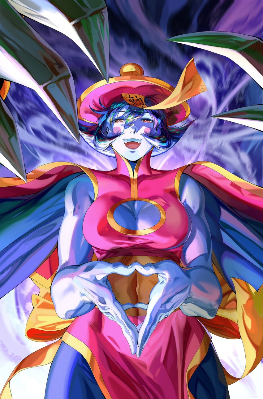 1girl aura blue_hair blue_skin blush_stickers breasts capcom chinese_clothes claws cleavage cleavage_cutout clothing_cutout colored_skin commentary darkstalkers dress english_commentary flipped_hair half-closed_eyes happy hat heart heart_hands highres hsien-ko jiangshi large_breasts looking_at_viewer muscular muscular_female ofuda open_mouth panzer_(pnzrk) pink_dress purple_background qingdai_guanmao red_eyes short_hair smile solo triangle_hands wings