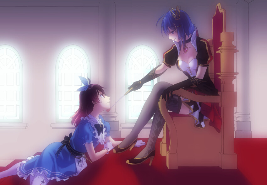 2girls alice_(alice_in_wonderland) alice_(alice_in_wonderland)_(cosplay) alice_in_wonderland asakura_mihono black_choker black_footwear black_gloves blue_bow blue_bowtie blue_dress blue_eyes blue_hair bow bowtie breasts brown_hair choker cleavage closed_mouth commentary_request cosplay crossed_legs crown dress elbow_gloves frilled_dress frilled_gloves frills from_side furrowed_brow gloves grey_thighhighs hair_ornament hairclip high_heels holding holding_riding_crop imotaberu indoors jewelry large_breasts layered_skirt looking_at_another lying medium_hair multiple_girls pantyhose pendant_choker puffy_short_sleeves puffy_sleeves queen_of_hearts_(alice_in_wonderland) queen_of_hearts_(alice_in_wonderland)_(cosplay) riding_crop setouchi_chie short_hair short_sleeves sitting sitting_on_throne skirt sweat thighhighs toji_no_miko white_gloves white_pantyhose yuri