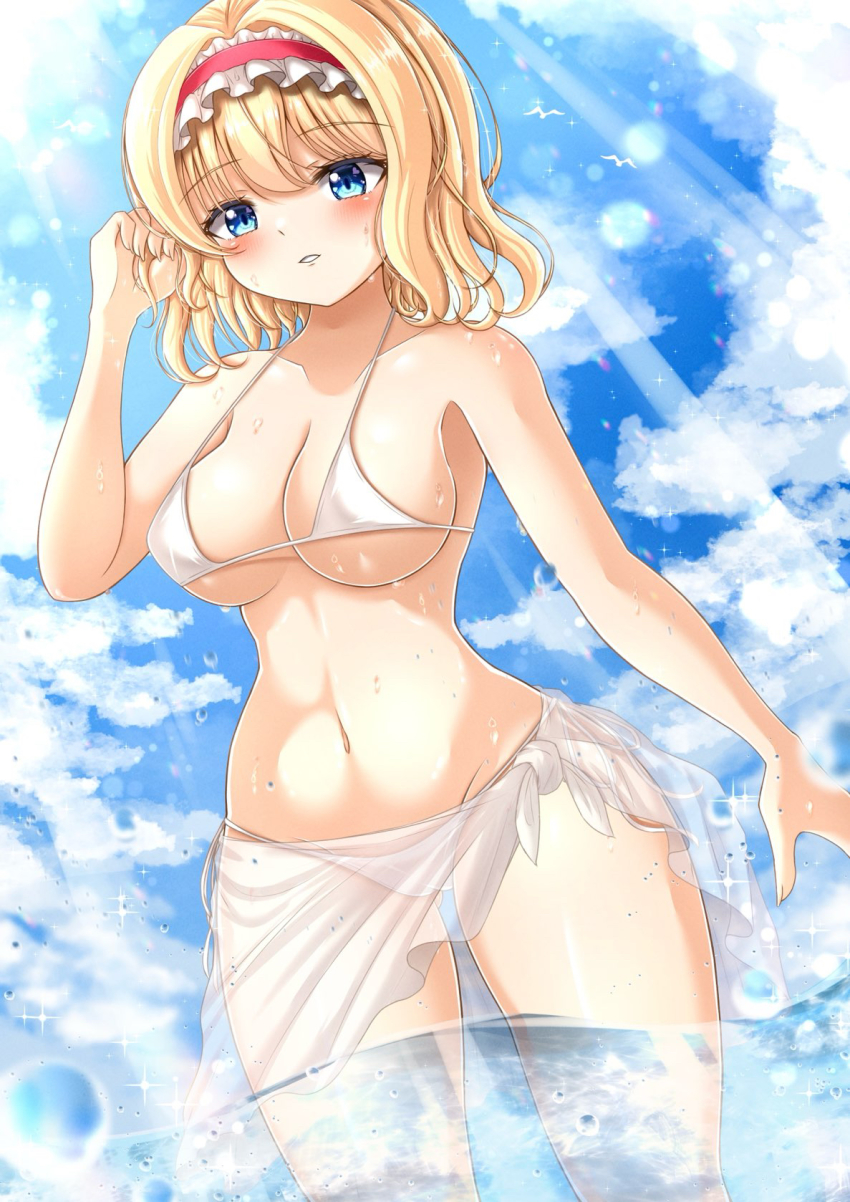 1girl alice_margatroid arm_up bare_arms bare_legs bare_shoulders bikini blonde_hair blue_eyes blue_sky blush bow breasts cameltoe closed_eyes cloud cloudy_sky collarbone frills grey_bow hair_between_eyes hairband hand_up highres large_breasts looking_at_viewer navel ocean red_hair reijing_etrn short_hair sky solo standing swimsuit teeth touhou water wet white_bikini