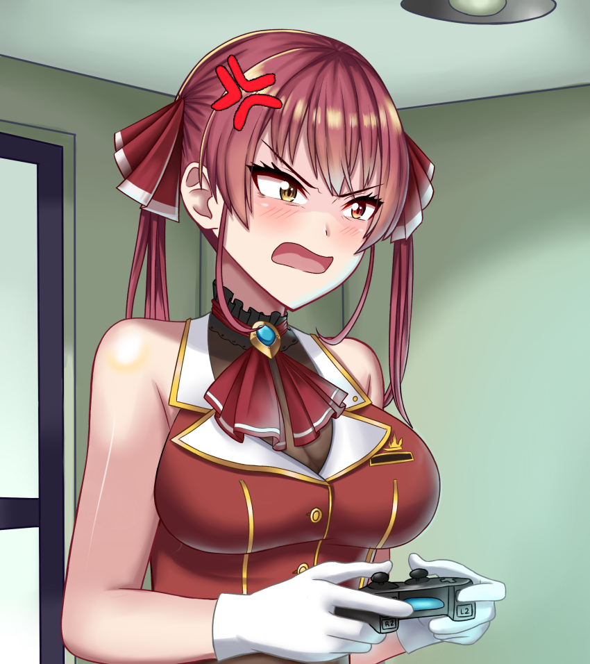 1girl absurdres anger_vein angry breasts brown_eyes commentary controller english_commentary game_controller gloves highres hololive houshou_marine houshou_marine_(1st_costume) kuroumikei large_breasts open_mouth playing_games red_hair short_hair virtual_youtuber white_gloves