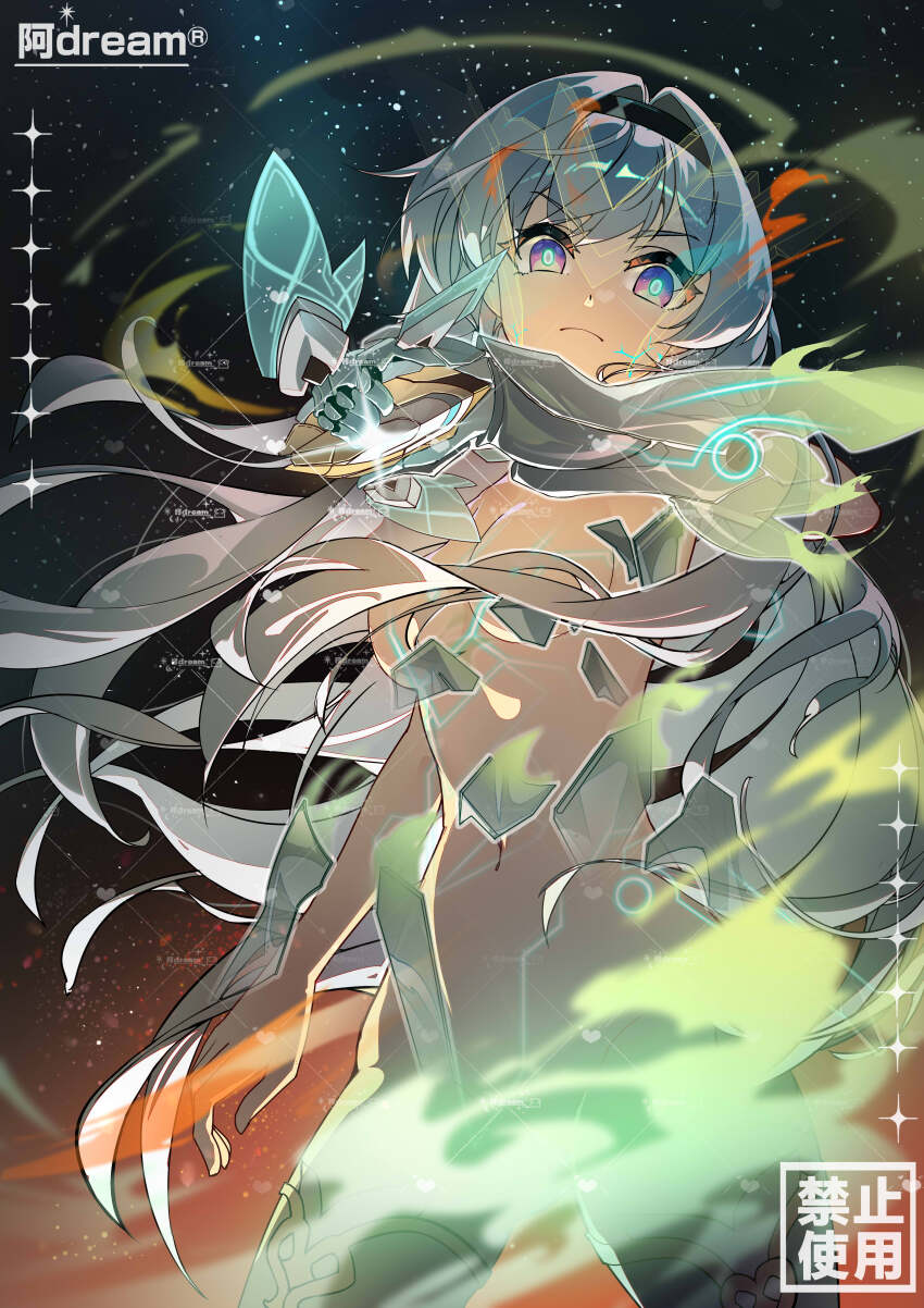 1girl a_dream absurdres black_hairband breasts closed_mouth cowboy_shot fire firefly_(honkai:_star_rail) floating_hair grey_hair hair_between_eyes hairband henshin highres honkai:_star_rail honkai_(series) long_hair looking_at_viewer medium_breasts nude sam_(honkai:_star_rail) sky star_(sky) starry_sky thighhighs two-tone_eyes