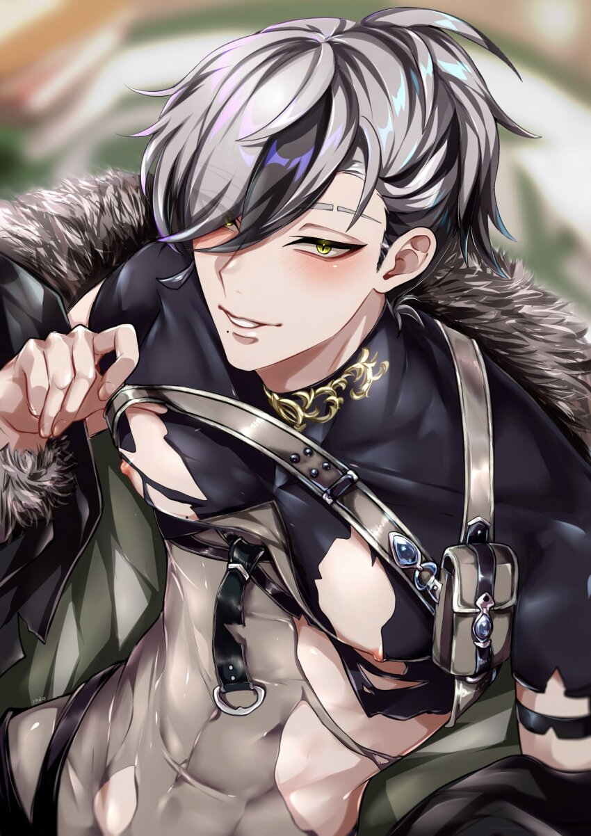 1boy blush breasts chest_strap coat fur_trim green_eyes grey_hair half-closed_eyes highres looking_at_viewer male_focus mole mole_on_breast mole_under_mouth multicolored_hair nipples nu_carnival parted_lips ponytail pouch rei_(nu_carnival) shirt short_hair short_ponytail smile smug strap teeth torn_clothes torn_shirt yadome810