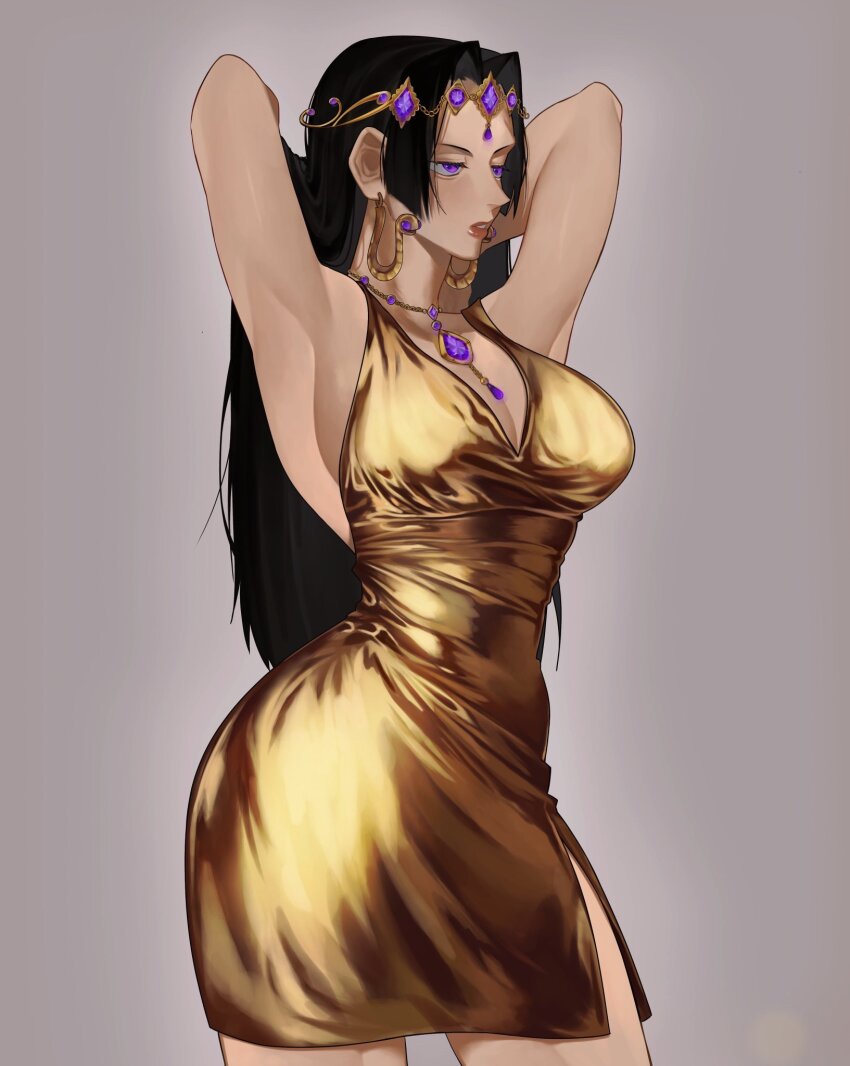 1girl armpits arms_behind_head arms_up black_hair boa_hancock breasts cleavage dress earrings gem gold_dress grey_background half-closed_eyes highres jewelry large_breasts long_hair necklace one_piece parted_lips purple_eyes seductive_gaze sideboob simple_background siokosho_kinoko snake_earrings solo tiara