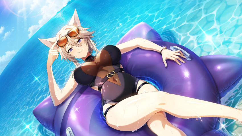 blonde_hair blue_eyes breasts crossed_legs game_cg innertube kage_no_jitsuryokusha_ni_naritakute! kage_no_jitsuryokusha_ni_naritakute!_master_of_garden large_breasts looking_at_viewer ocean one-piece_swimsuit sunglasses sunglasses_on_head swim_ring swimsuit zeta_(kage_no_jitsuryokusha_ni_naritakute!)