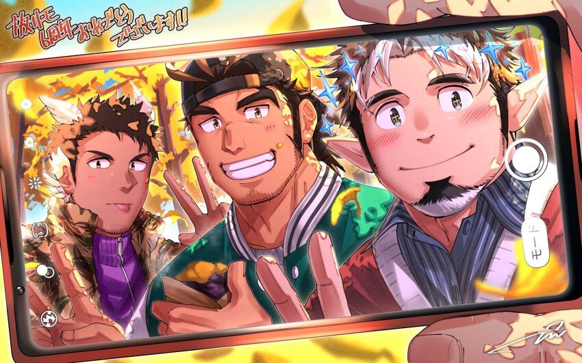 3boys backwards_hat bara facial_hair goatee grin hat head_wings hermes_(housamo) highres jacket letterman_jacket light_smile male_focus multiple_boys pointy_ears selfie shirt sideburns smile sparkle star-shaped_pupils star_(symbol) stubble symbol-shaped_pupils tepen_(tptptpn) tokyo_houkago_summoners tomte_(housamo) tongue tongue_out two-tone_beard victory_pose wings yamasachihiko_(housamo)