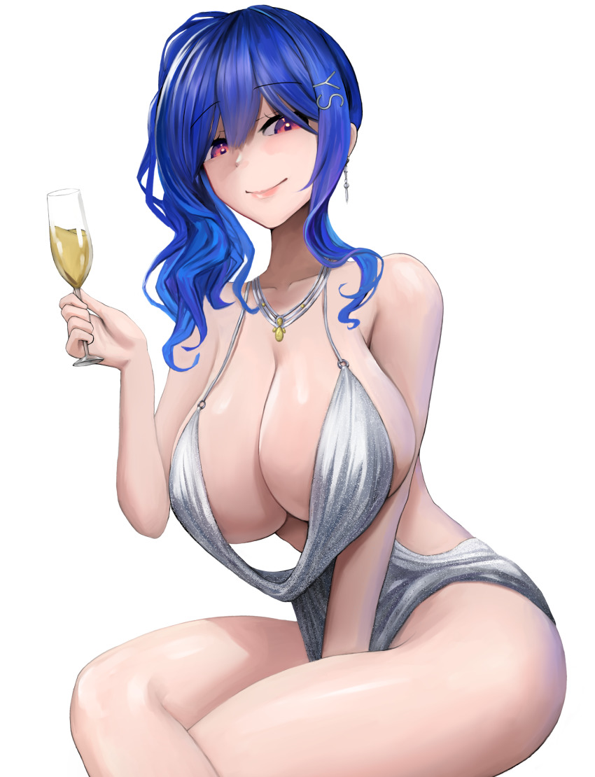 1girl absurdres azur_lane backless_dress backless_outfit blanco2k1 blue_hair breasts champagne_flute cup dress drinking_glass evening_gown halter_dress halterneck highres huge_breasts jewelry looking_at_viewer necklace official_alternate_costume pink_eyes plunging_neckline revealing_clothes shiny_skin silver_dress simple_background sleeveless sleeveless_dress solo st._louis_(azur_lane) st._louis_(luxurious_wheels)_(azur_lane) white_background