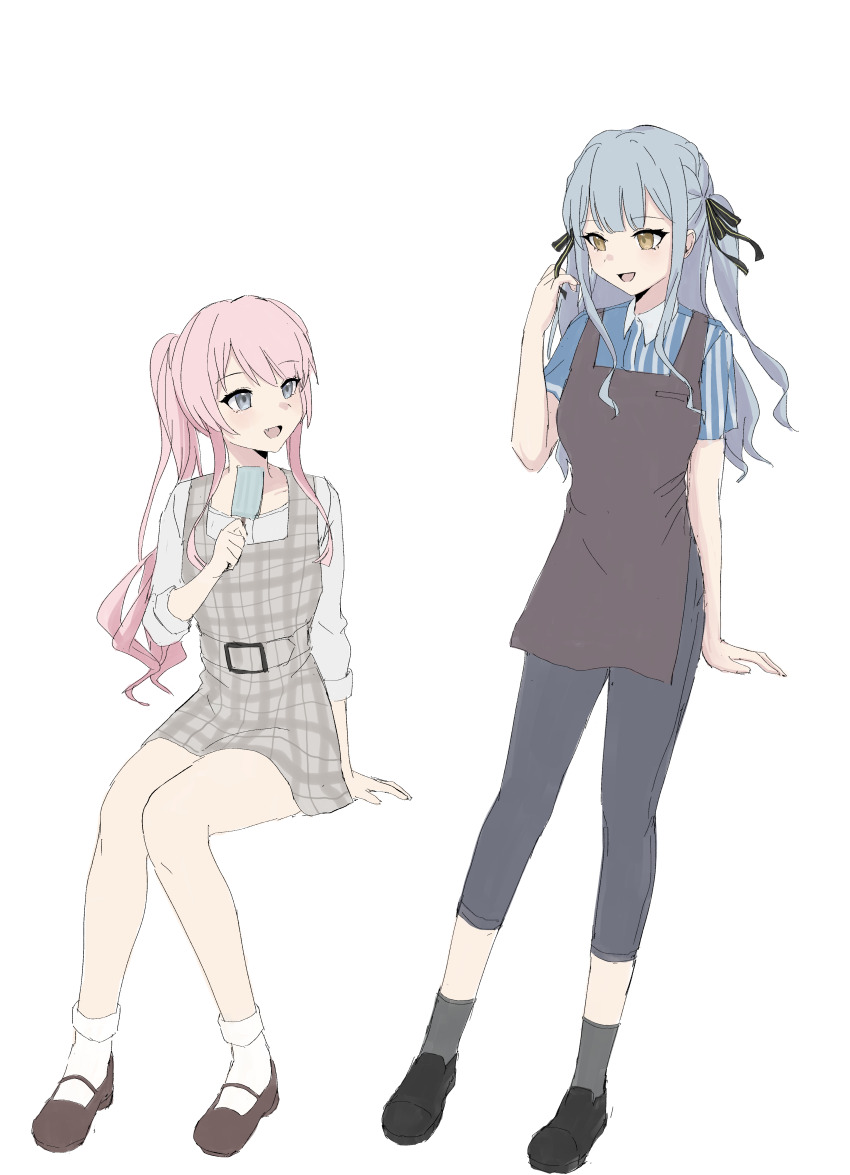 2girls absurdres apron bang_dream! bang_dream!_it&#039;s_mygo!!!!! belt belt_buckle black_footwear black_ribbon blue_hair blue_pants blue_shirt braid brown_apron brown_footwear buckle chihaya_anon commentary dress fang fish_dumplings food grey_belt grey_dress grey_eyes grey_socks hair_ribbon highres holding holding_food holding_popsicle invisible_chair lawson long_hair multiple_girls open_mouth pants pinafore_dress pink_hair plaid_belt plaid_clothes plaid_dress ponytail popsicle ribbon shirt sidelocks simple_background sitting sleeveless sleeveless_dress sleeves_past_elbows socks striped_ribbon togawa_sakiko two_side_up white_background white_shirt white_socks yellow_eyes yellow_ribbon