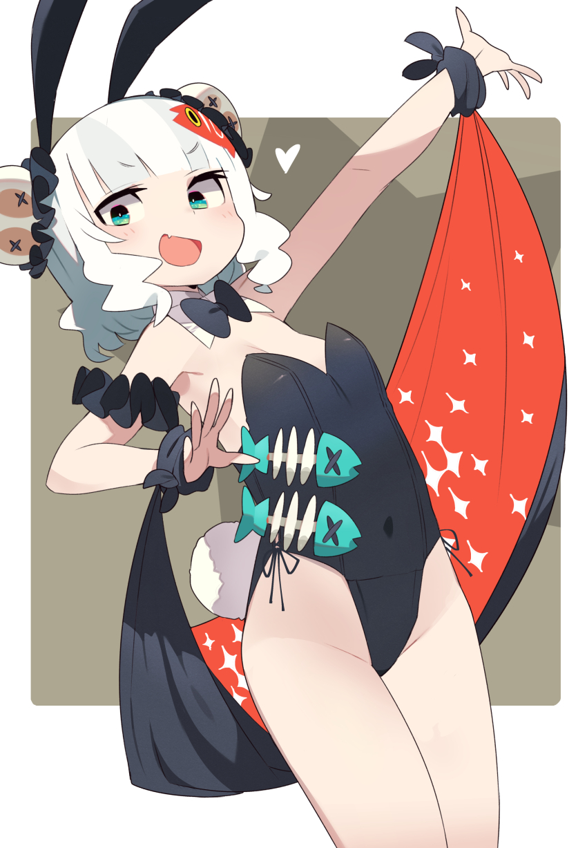 1girl absurdres animal_ears black_bow black_leotard blunt_bangs blush border bow breasts brown_background bun_cover covered_navel detached_collar double_bun dutch_angle fake_animal_ears fake_tail fang feet_out_of_frame fish green_eyes grey_hair hair_bun heart highleg highleg_leotard highres kometsubu leotard original outside_border oversized_breast_cup playboy_bunny rabbit_ears rabbit_tail shawl short_hair side-tie_leotard skin_fang small_breasts solo star_(symbol) strapless strapless_leotard tail v-shaped_eyebrows white_border