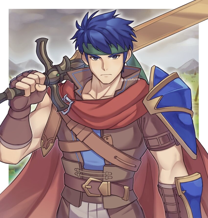 1boy armor blue_eyes blue_hair cape fingerless_gloves fire_emblem fire_emblem:_path_of_radiance fire_emblem:_radiant_dawn gloves headband highres holding holding_weapon ike_(fire_emblem) looking_at_viewer male_focus nintendo nyo02921978 ragnell short_hair super_smash_bros. sword upper_body weapon