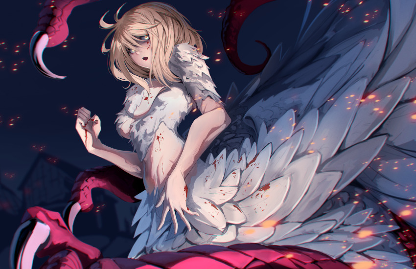 1girl :o absurdres blonde_hair blood blood_on_breasts blood_on_face blood_on_hands breasts chimera clenched_hand commentary cowboy_shot crazy_eyes dungeon_meshi falin_touden falin_touden_(chimera) feathered_wings feathers glowing glowing_eyes hair_between_eyes hand_up highres jesse_schickler light_particles looking_at_viewer medium_breasts medium_hair monster_girl night open_mouth outdoors outstretched_hand shaded_face slit_pupils solo spoilers white_feathers white_wings wide-eyed wings yellow_eyes