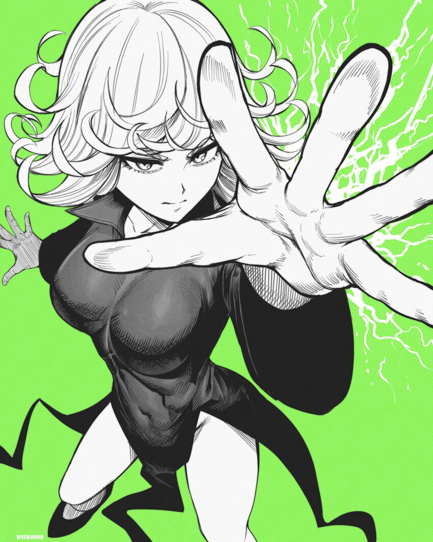 1girl absurdres alternate_breast_size black_and_white breasts green_background highres medium_breasts one-punch_man solo speedl00ver tagme tatsumaki thighs