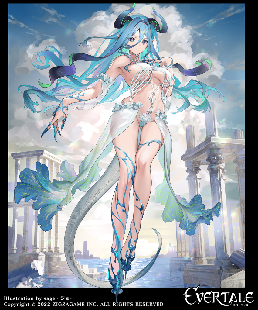 1girl bare_shoulders blue_eyes blue_hair blue_sky breasts cloud commentary_request evertale fingernails full_body hair_between_eyes hair_intakes highres large_breasts light_smile long_hair monster_girl ocean official_art pointy_ears ruins sage_joh sky solo symbol-shaped_pupils tail