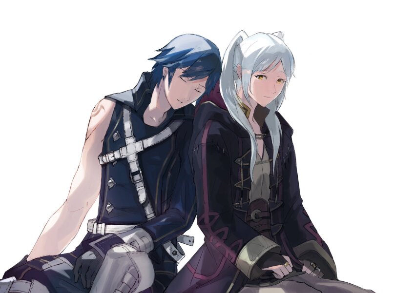 1boy 1girl arm_tattoo blue_hair brown_eyes cape chrom_(fire_emblem) closed_mouth commentary_request fire_emblem fire_emblem_awakening gimkamres04 grey_shirt hetero highres hooded_robe long_hair long_sleeves nintendo open_clothes open_robe robe robin_(female)_(fire_emblem) robin_(fire_emblem) shirt short_hair sitting sleeping sleeping_upright smile tattoo twintails white_hair