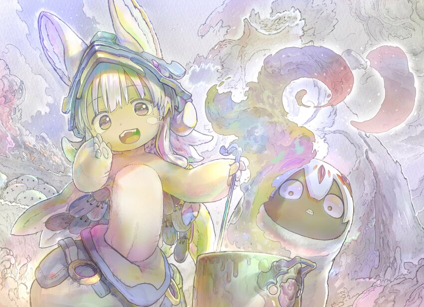 1girl 1other animal_ears brown_fur clenched_teeth cooking cooking_pot dark-skinned_female dark_skin ears_through_headwear faputa furry grey_hair helmet highres holding holding_ladle ladle made_in_abyss nanachi_(made_in_abyss) narehate official_art open_mouth pants puffy_pants rabbit_ears teeth topless tsukushi_akihito whiskers white_fur