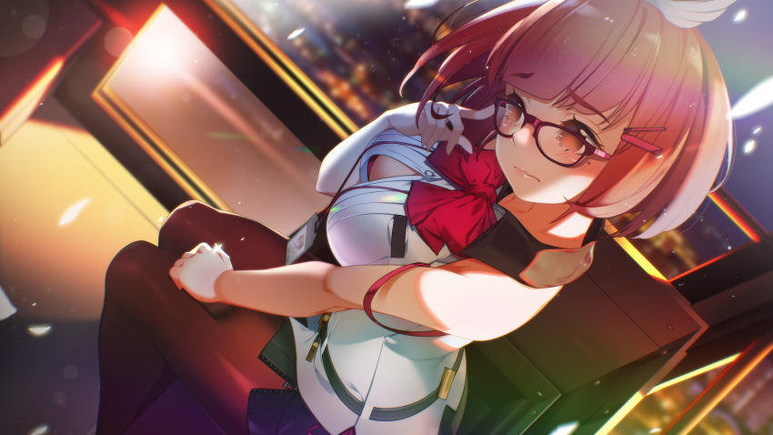 1girl adjusting_eyewear bare_shoulders belt black_belt black_skirt bob_cut bow bra bra_peek bra_strap breast_pocket breasts button_gap dress_shirt dutch_angle ferris_wheel ferris_wheel_interior furrowed_brow game_cg hair_ornament hairpin hand_on_own_thigh highres hime_cut impossible_clothes impossible_shirt joo_mi-ra lanyard light_blush light_particles looking_to_the_side medium_breasts miniskirt miracle_snack_shop mole mole_under_eye night night_sky no_pupils non-web_source official_art orange_eyes orange_hair panties panty_straps pantyhose parted_lips pencil_skirt petals pink_lips pleated_shirt pocket pov purple-framed_eyewear red_bow red_bra red_pantyhose shiny_skin shirt short_hair side-tie_panties side_slit sitting skirt sky sleeveless sleeveless_shirt solo strap_slip talesshop tight_clothes tight_shirt ukero underwear untucked_shirt wavy_mouth white_shirt winged_hair_ornament zipper zipper_skirt