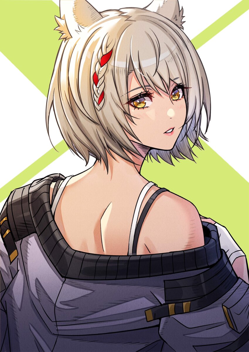 1girl animal_ears bare_shoulders camisole cat_ears fingerless_gloves gloves grey_hair highres jacket looking_at_viewer looking_back lukrevadraws mio_(xenoblade) parted_lips short_hair simple_background solo tank_top upper_body white_camisole white_jacket white_tank_top xenoblade_chronicles_(series) xenoblade_chronicles_3 yellow_eyes