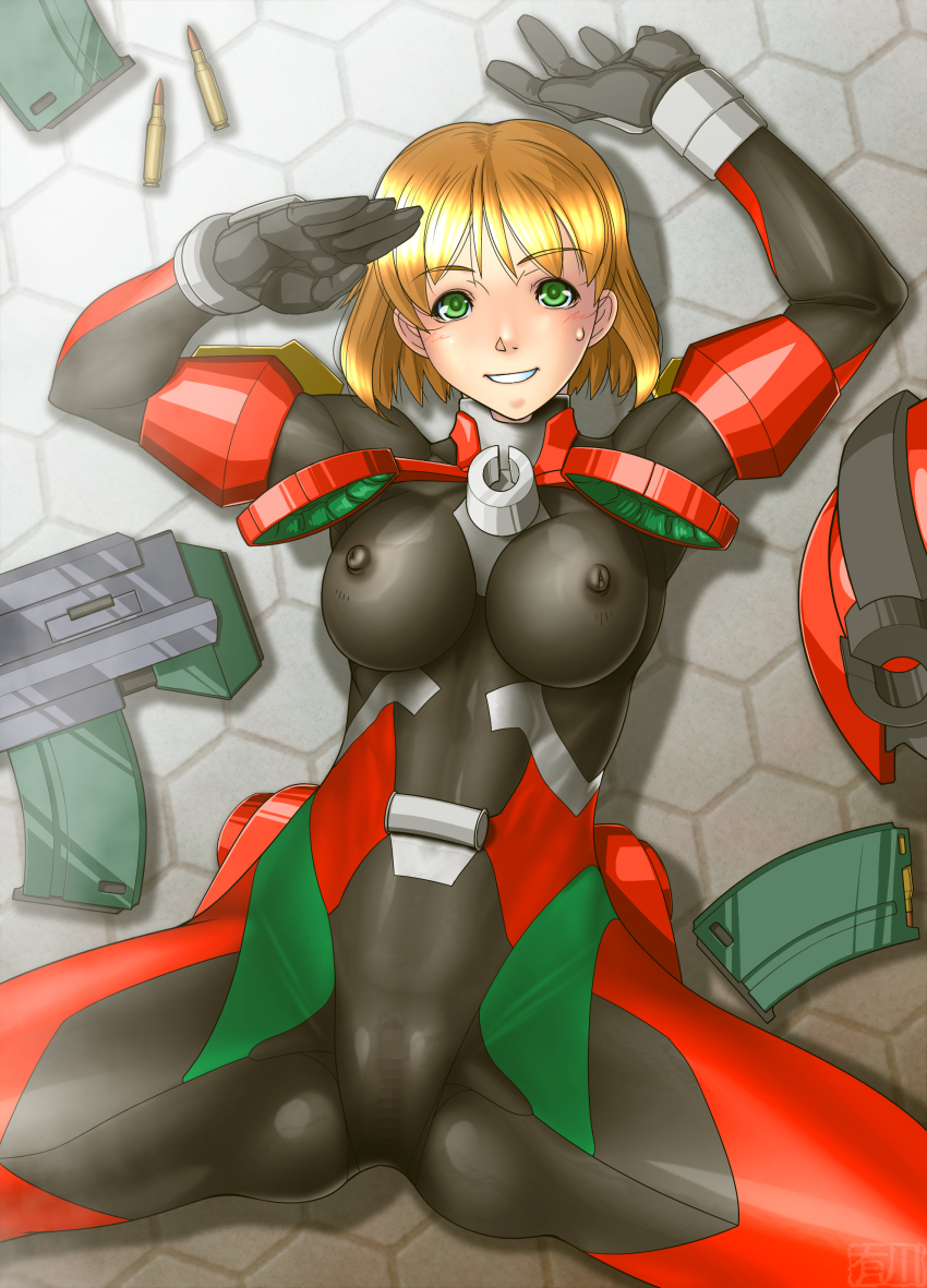 1girl absurdres blonde_hair blush bodysuit breasts bullet cameltoe capcom censored covered_erect_nipples female_focus green_eyes gun helmet highres lying omokane_saki qkat_(arikawa-dou) quiz_nanairo_dreams salute short_hair skin_tight smile spread_legs sweat weapon