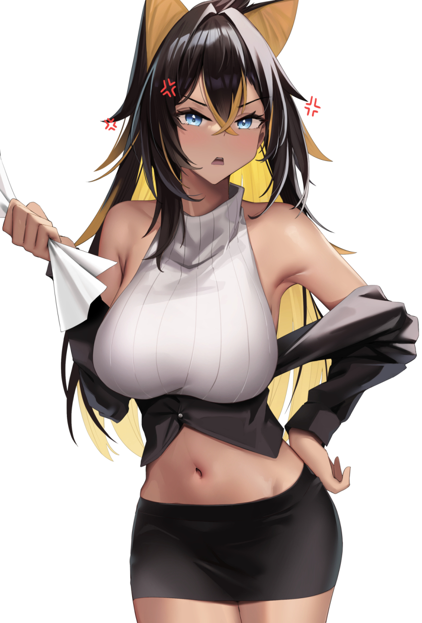 1girl anger_vein bare_shoulders black_jacket black_skirt blonde_hair blue_eyes blush breasts brown_hair crossed_bangs dark-skinned_female dark_skin dehya_(genshin_impact) genshin_impact hair_between_eyes hair_intakes highres jacket large_breasts long_hair long_sleeves looking_at_viewer midriff miniskirt multicolored_hair navel off_shoulder open_mouth pencil_skirt ribbed_sweater skai_kun skirt sleeveless sleeveless_turtleneck solo streaked_hair sweater thighs turtleneck turtleneck_sweater white_sweater