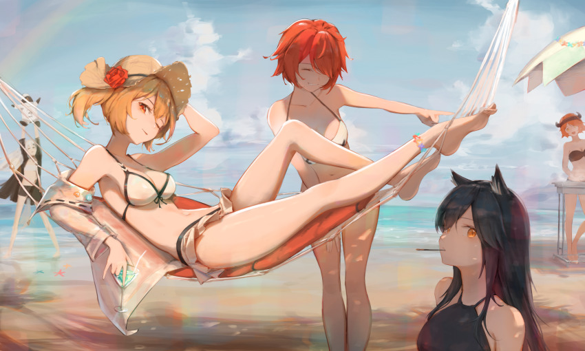 5girls animal_ear_fluff animal_ears arknights barefoot beach bikini bikini_top_only black_coat blue_hair coat croissant_(arknights) day drink exusiai_(arknights) eyyy feet food grey_eyes hair_over_one_eye hammock hat highres lappland_(arknights) long_hair lying multiple_girls ocean official_alternate_costume one_eye_closed outdoors pocky red_eyes sand short_hair sora_(arknights) sora_(summer_flowers)_(arknights) swimsuit texas_(arknights) tropical_drink white_bikini wolf_ears