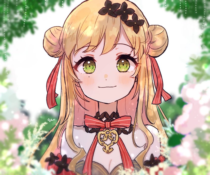 1girl black_flower blurry blurry_foreground blush bow breasts cleavage detached_sleeves double_bun flower hair_bun hair_flower hair_ornament highres looking_at_viewer mole mole_under_eye nijisanji nijisanji_kr plant portrait red_bow san_sami seffyna smile solo virtual_youtuber